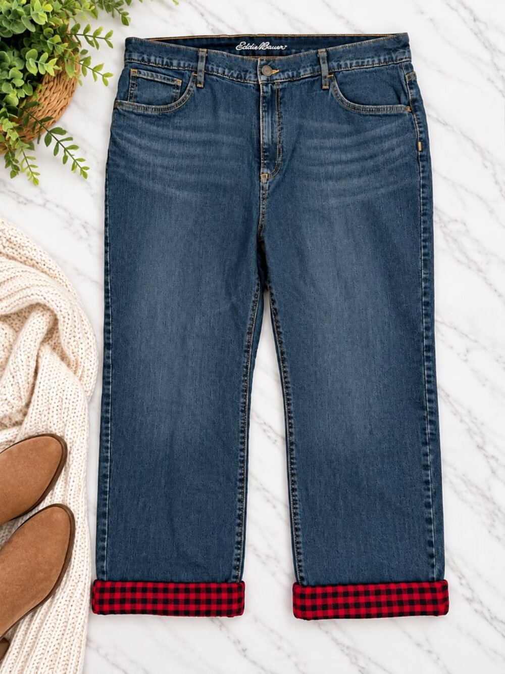Eddie Bauer Size 18 Flannel Lined Straight Leg Jeans Buffalo Plaid Cuff